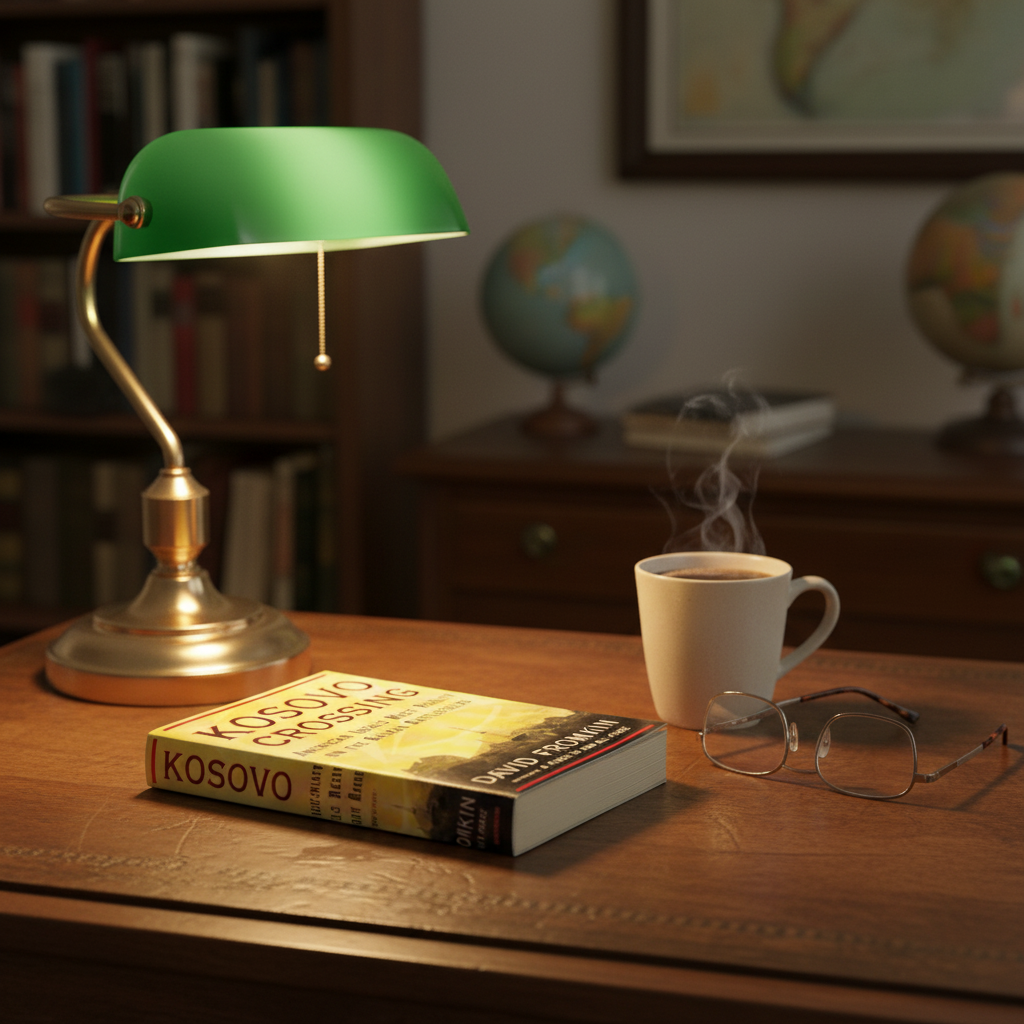 Kosovo Crossing book on home office desk with reading glasses and coffee