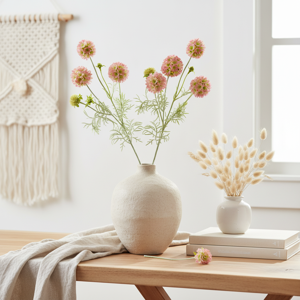 Artificial blush pink scabiosa stems with green centers in a neutral cream ceramic vase with boho styling, linen, and dried pampas grass on a light wood surface