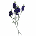 Set of 2 artificial purple delphinium stems with deep navy purple clustered blooms and green foliage on pure white background