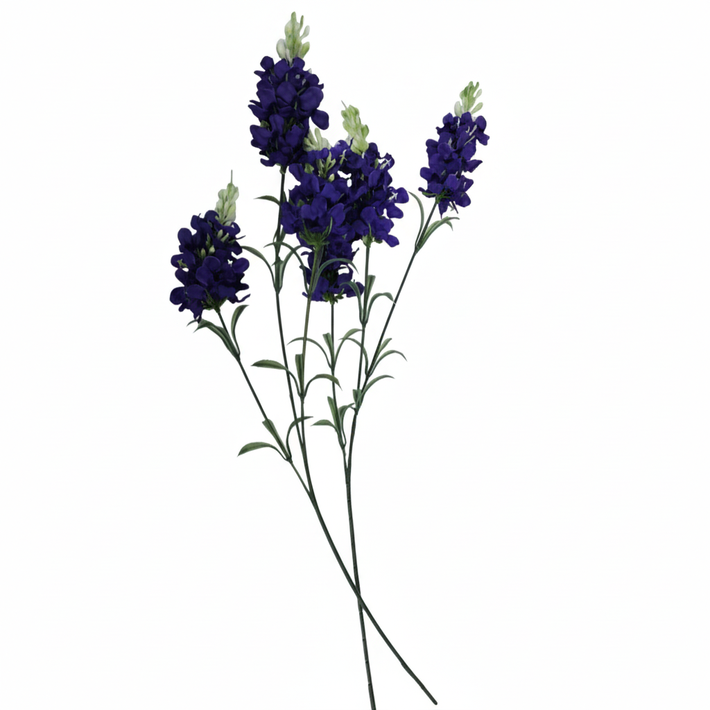 Set of 2 artificial purple delphinium stems with deep navy purple clustered blooms and green foliage on pure white background