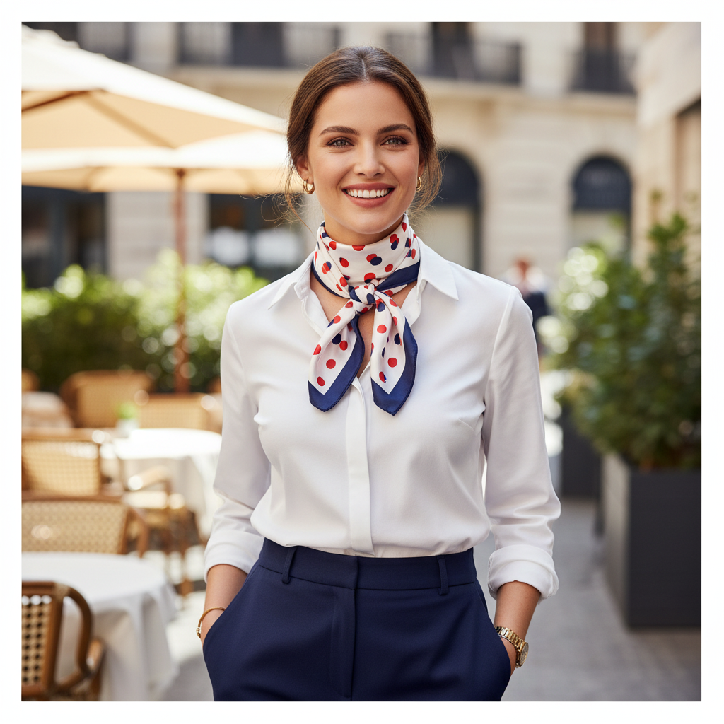 Woman wearing patriotic red white blue polka dot square scarf tied around neck as festive fashion accessory