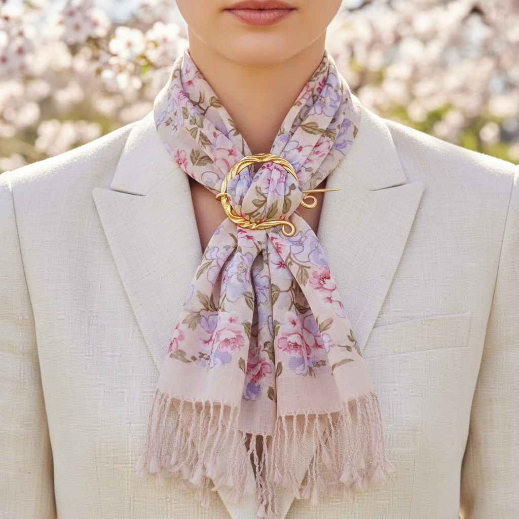 Gold vine brooch pin holding pastel floral chiffon scarf on white linen blazer, spring garden setting