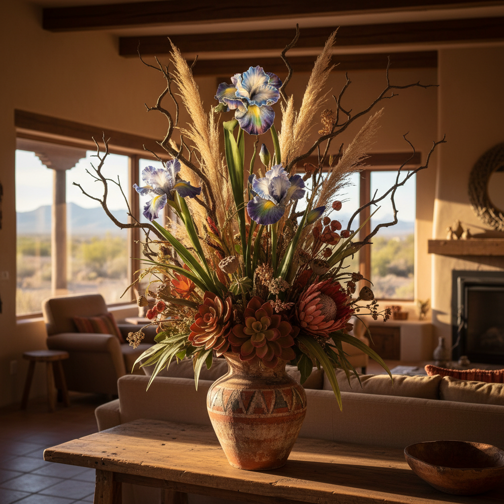 Western southwestern floral arrangement featuring blue iris with natural branches, dried grasses, and earth-toned botanicals in rustic vase