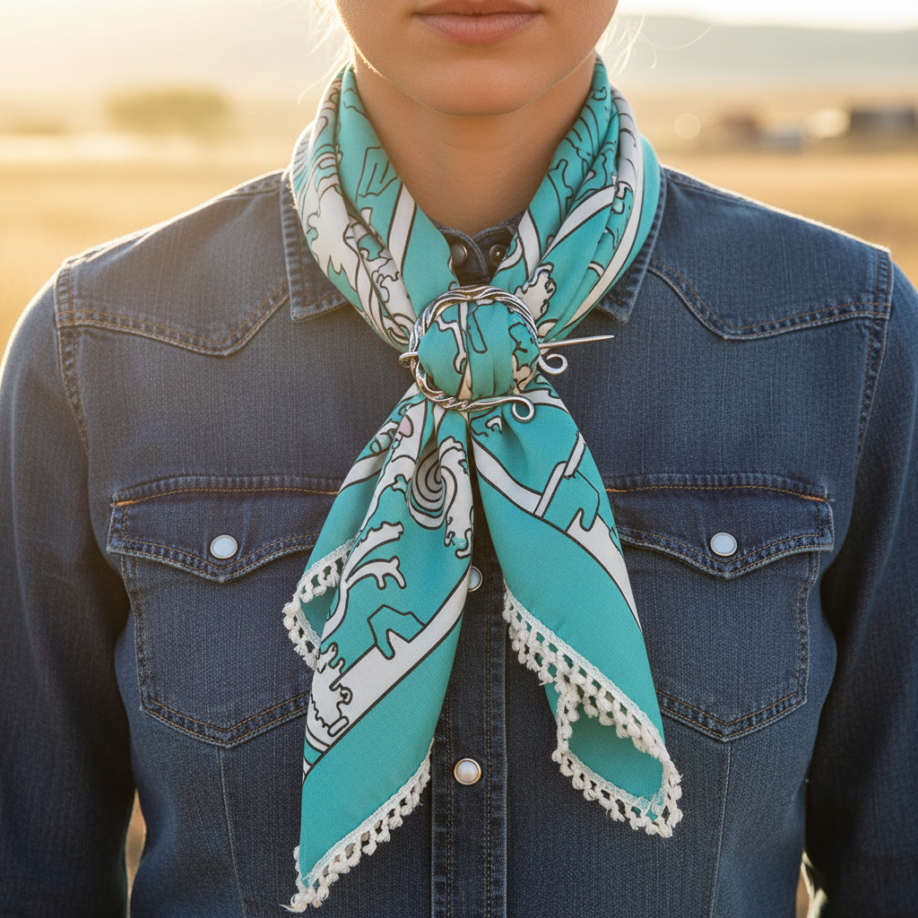 Silver vine brooch pin fastening turquoise wild rag scarf on denim shirt, summer western ranch setting