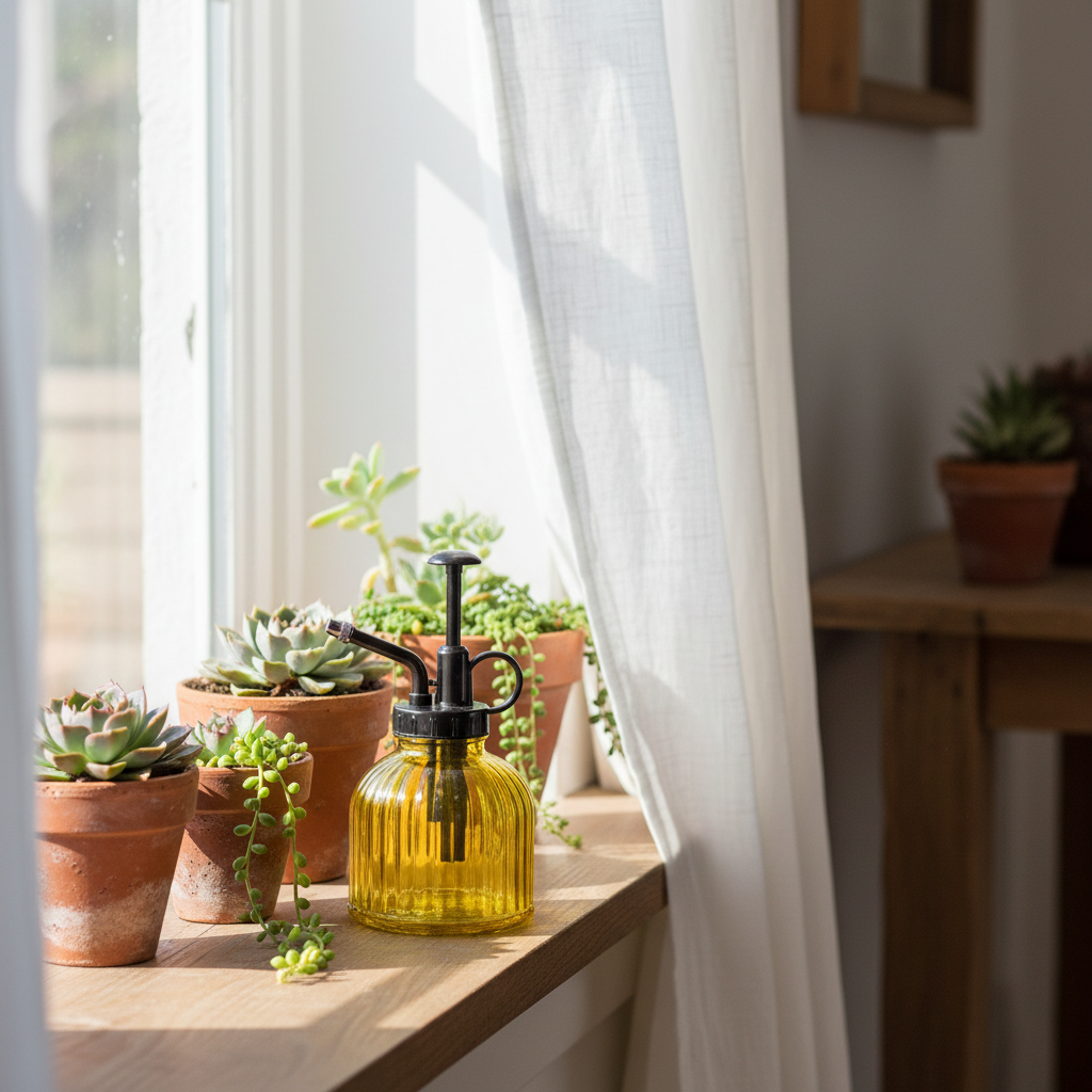 Yellow ribbed glass plant mister on sunny windowsill with small succulents in terracotta pots and farmhouse decor