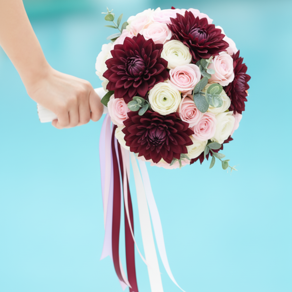 Luxurious round bridal bouquet with burgundy dahlias, blush pink roses, and ivory ranunculus made with foam bouquet holder, hand holding white handle with ribbon