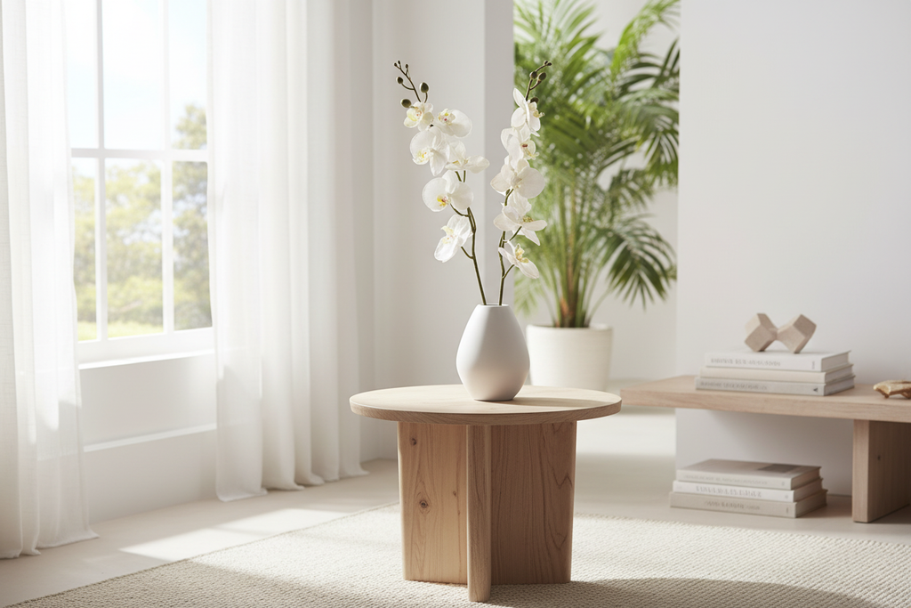 White orchid stems in modern white ceramic vase on light wood side table, bright tropical home decor