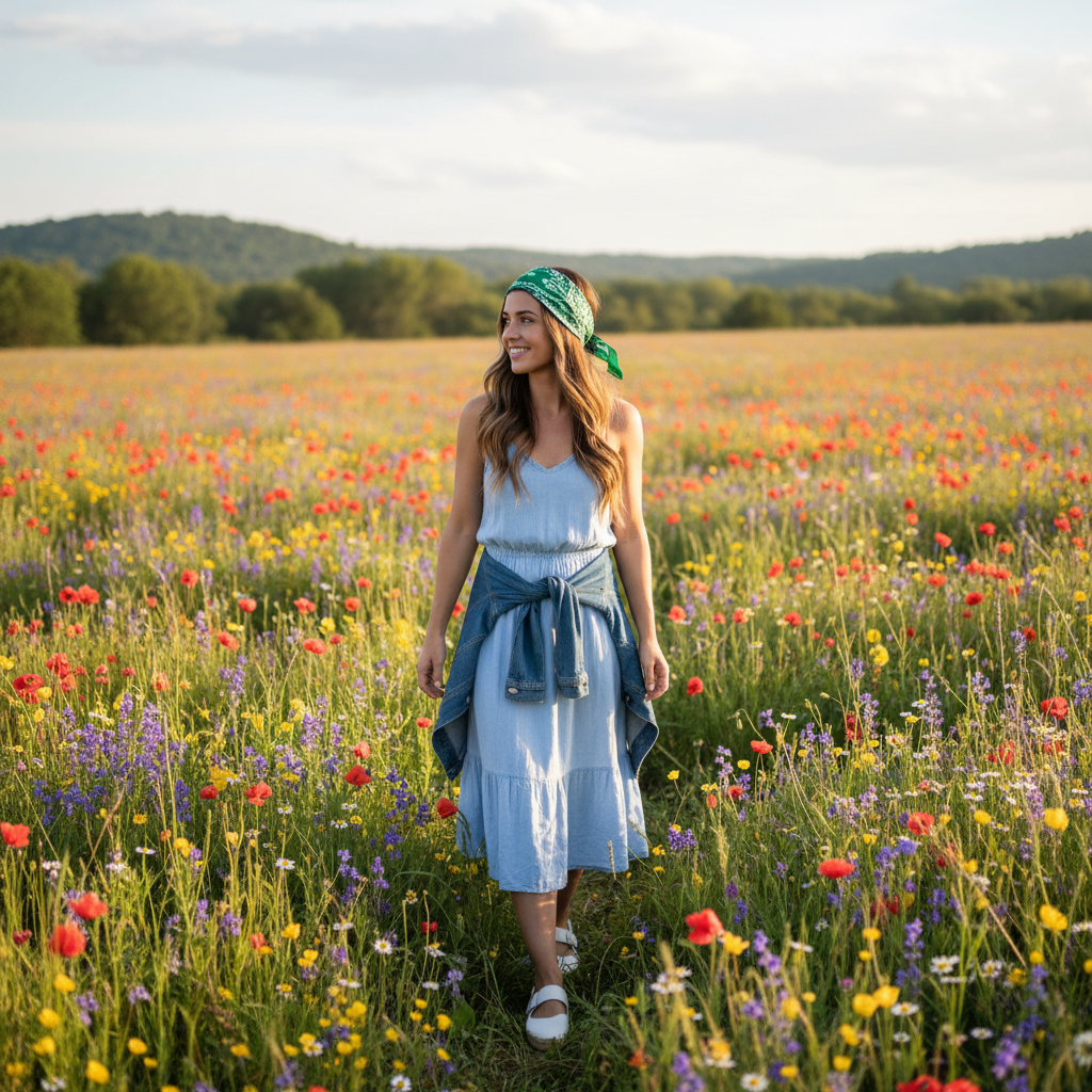Woman wearing green paisley scarf in spring wildflower field