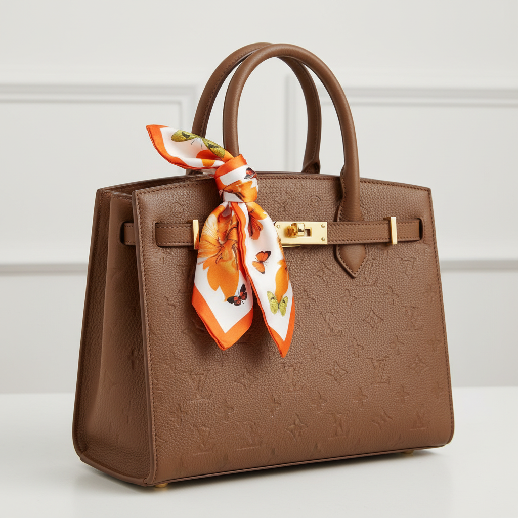 Orange Butterfly Floral Satin Scarf 20x20 Tied as Bag Charm Purse Accessory Autumn Bloom