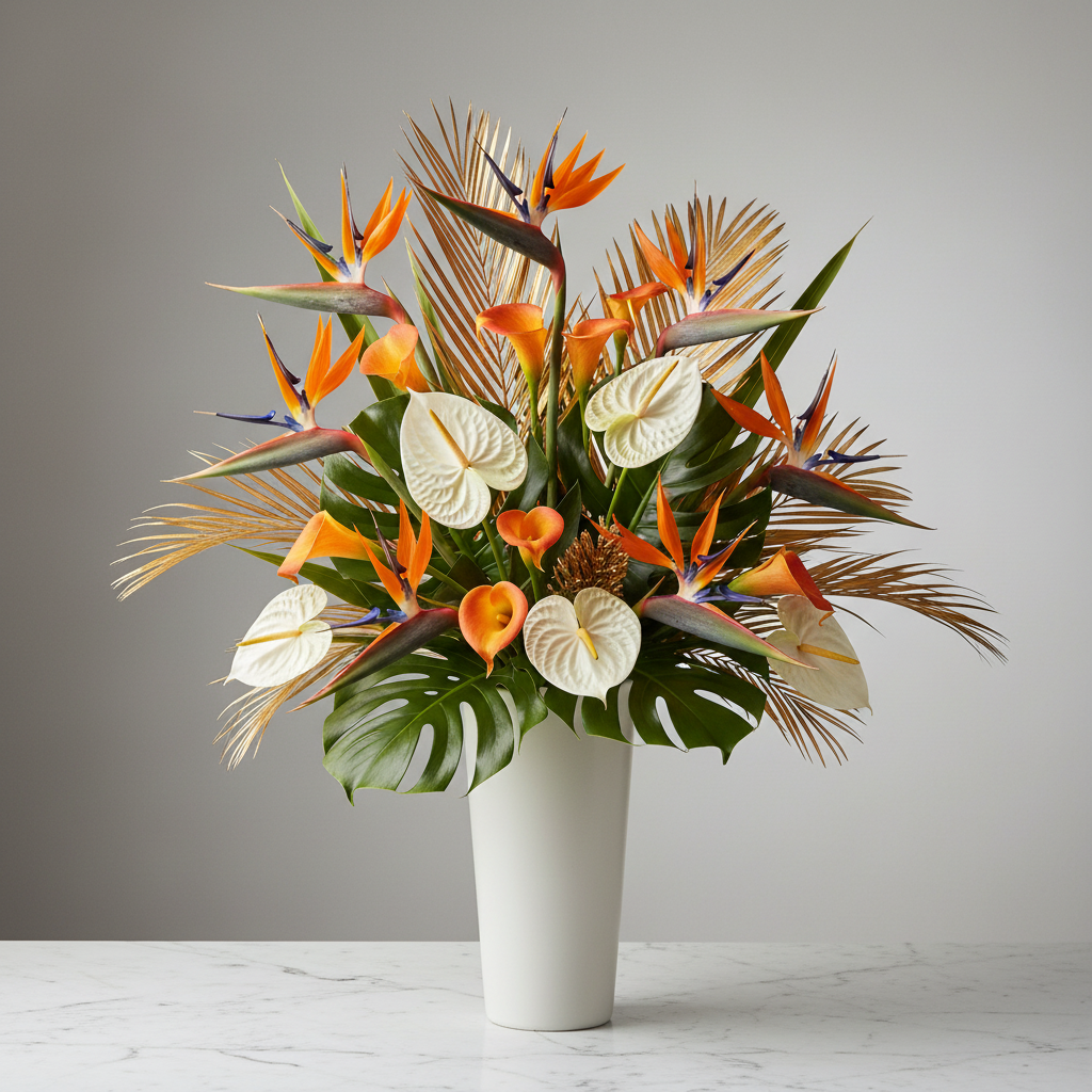 Luxury tropical faux floral arrangement with orange calla lilies bird of paradise white anthurium and monstera leaves evenly mixed in dry matte white ceramic vase on white marble surface