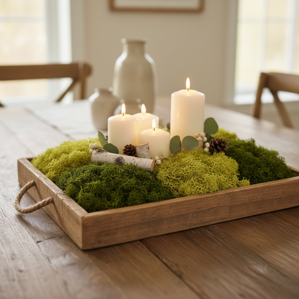 Artificial moss arranged in rustic wooden tray centerpiece with candles wedding and home decor styling