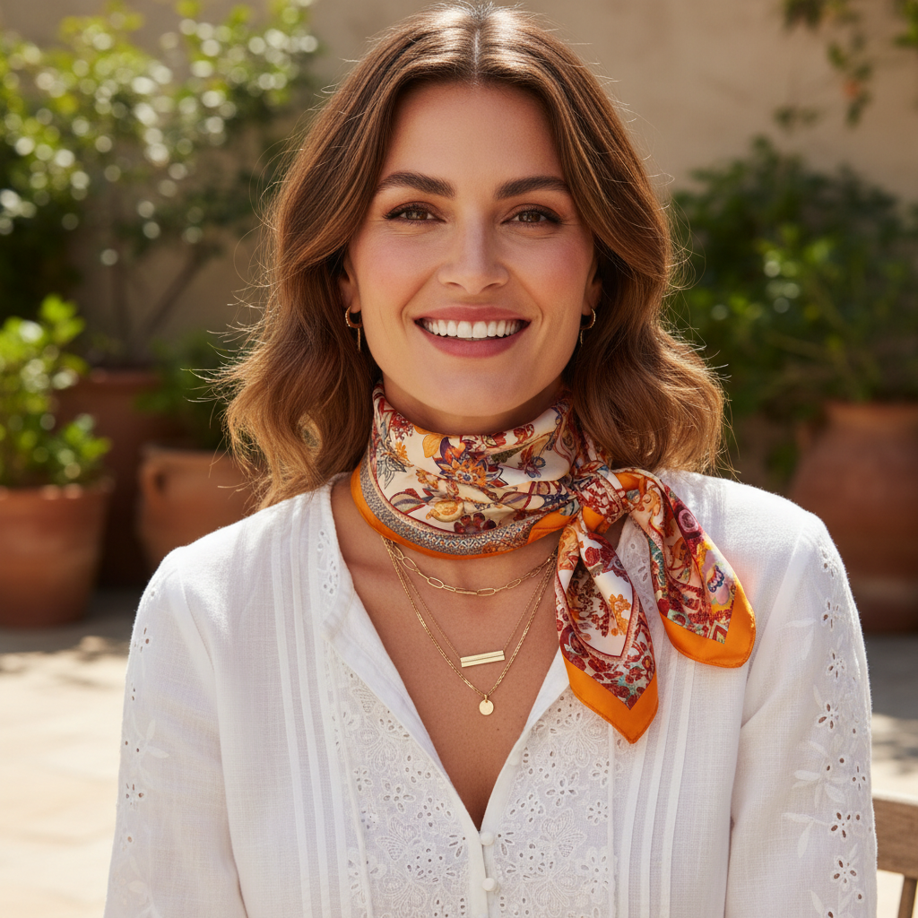 Woman wearing orange floral bohemian square scarf tied around neck as vibrant boho fashion accessory