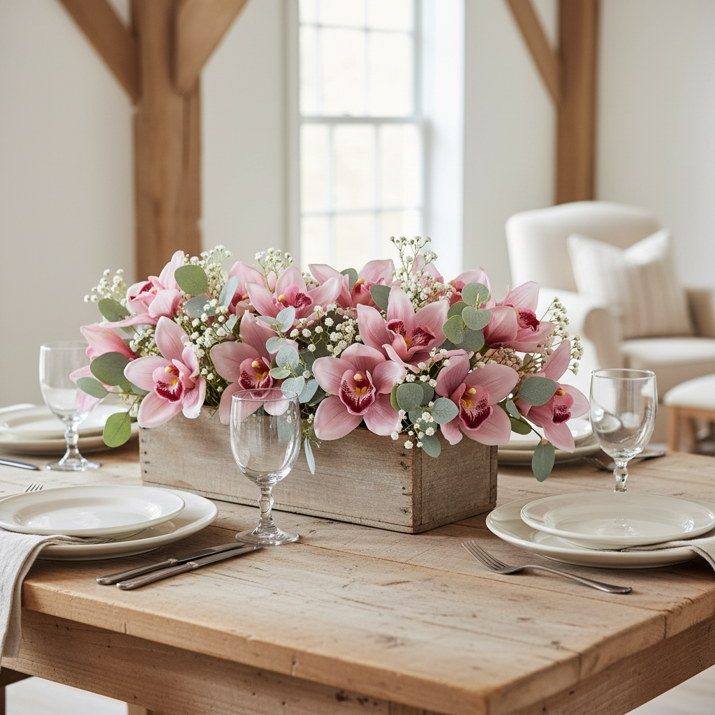 Pink Cymbidium orchids mixed with white baby's breath in rustic wooden box farmhouse centerpiece