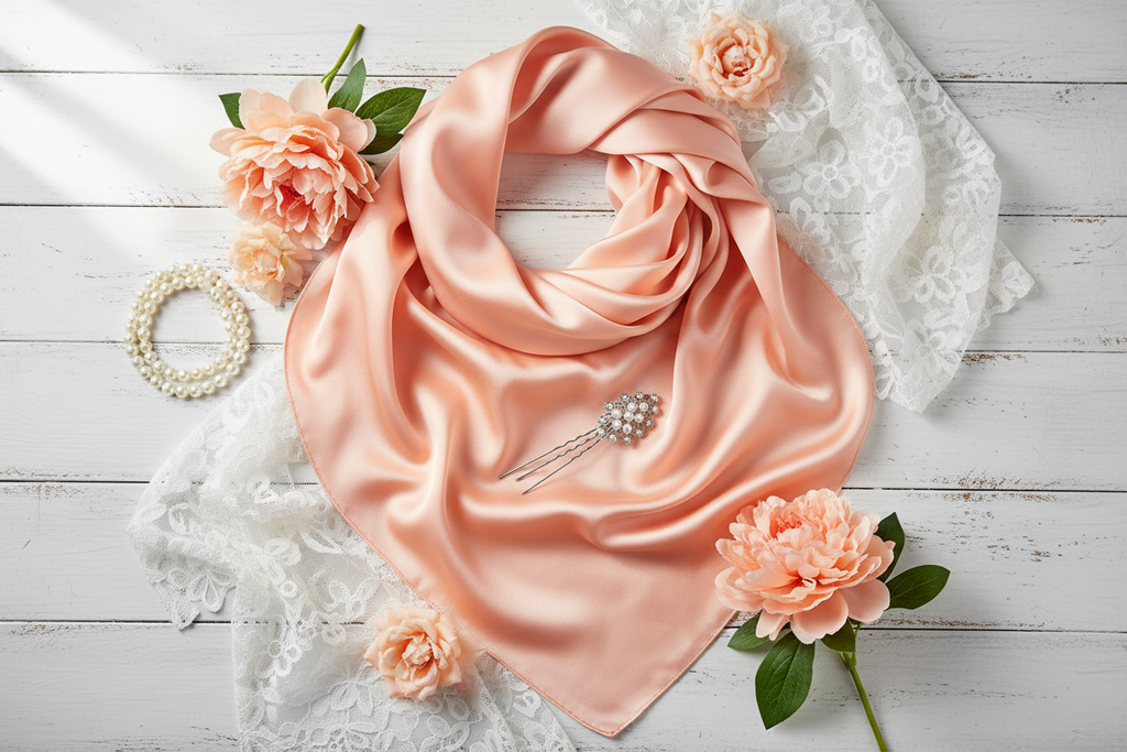 Peach wild rag flat lay with pearls, white lace, and peach flowers on white wood