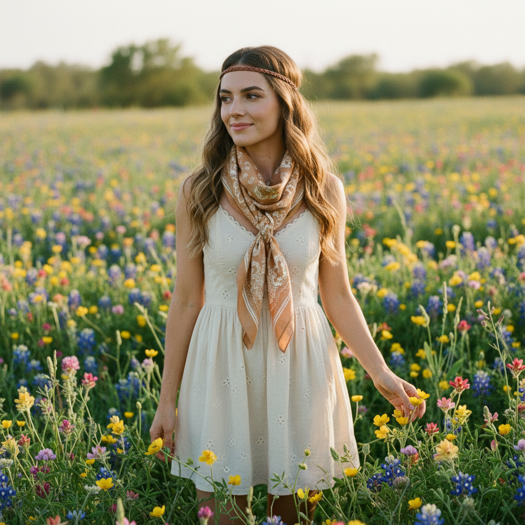 Woman wearing tan paisley wild rag scarf in spring wildflower meadow, western bohemian style