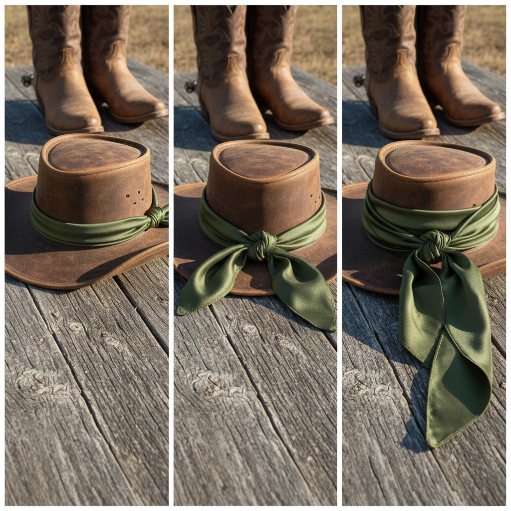 Olive green wild rag scarf as hat band accessory with cowboy hat ranch styling