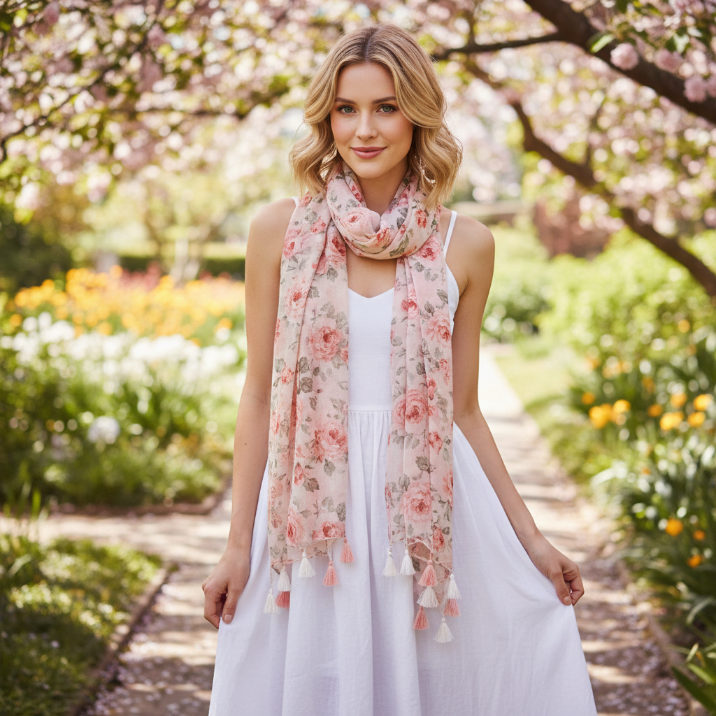 Woman wearing lightweight blush pink floral tassel scarf as neck wrap in spring garden setting