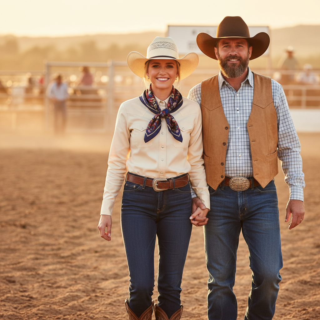 Cowboy and cowgirl couple at a rodeo with cowgirl wearing navy paisley satin wild rag scarf tied at the neck