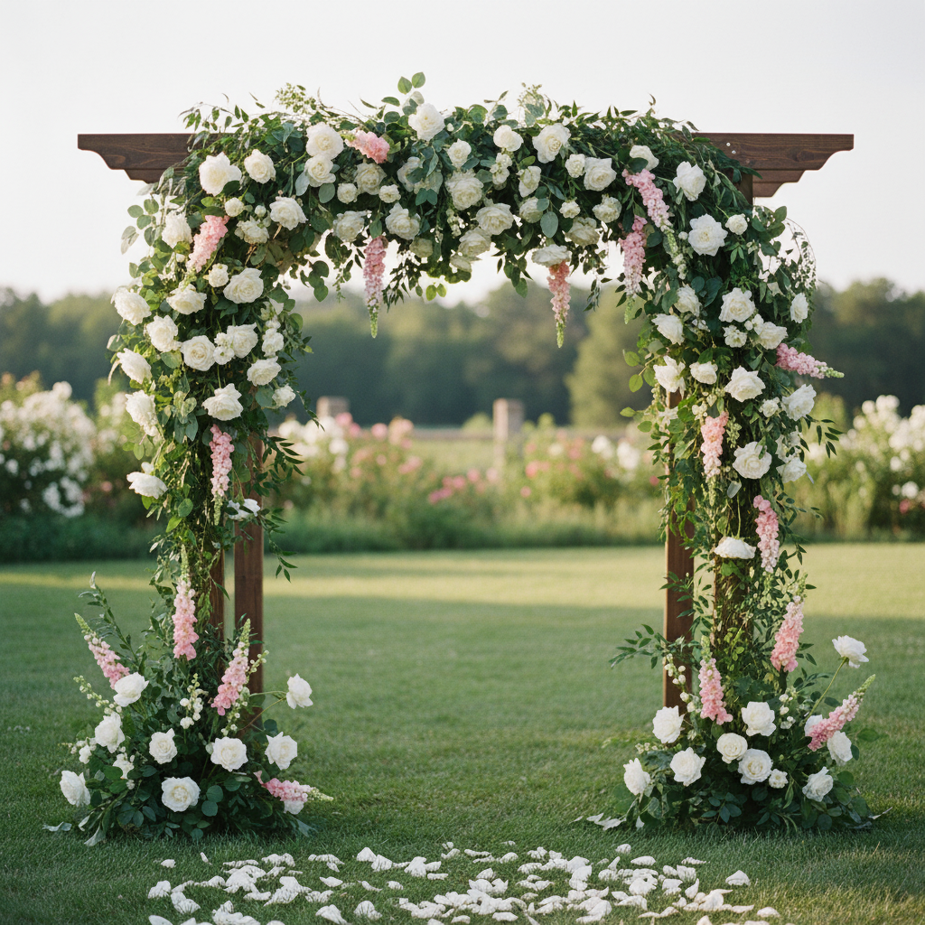 Two artificial blush pink snapdragon stems in romantic garden wedding arch arrangement