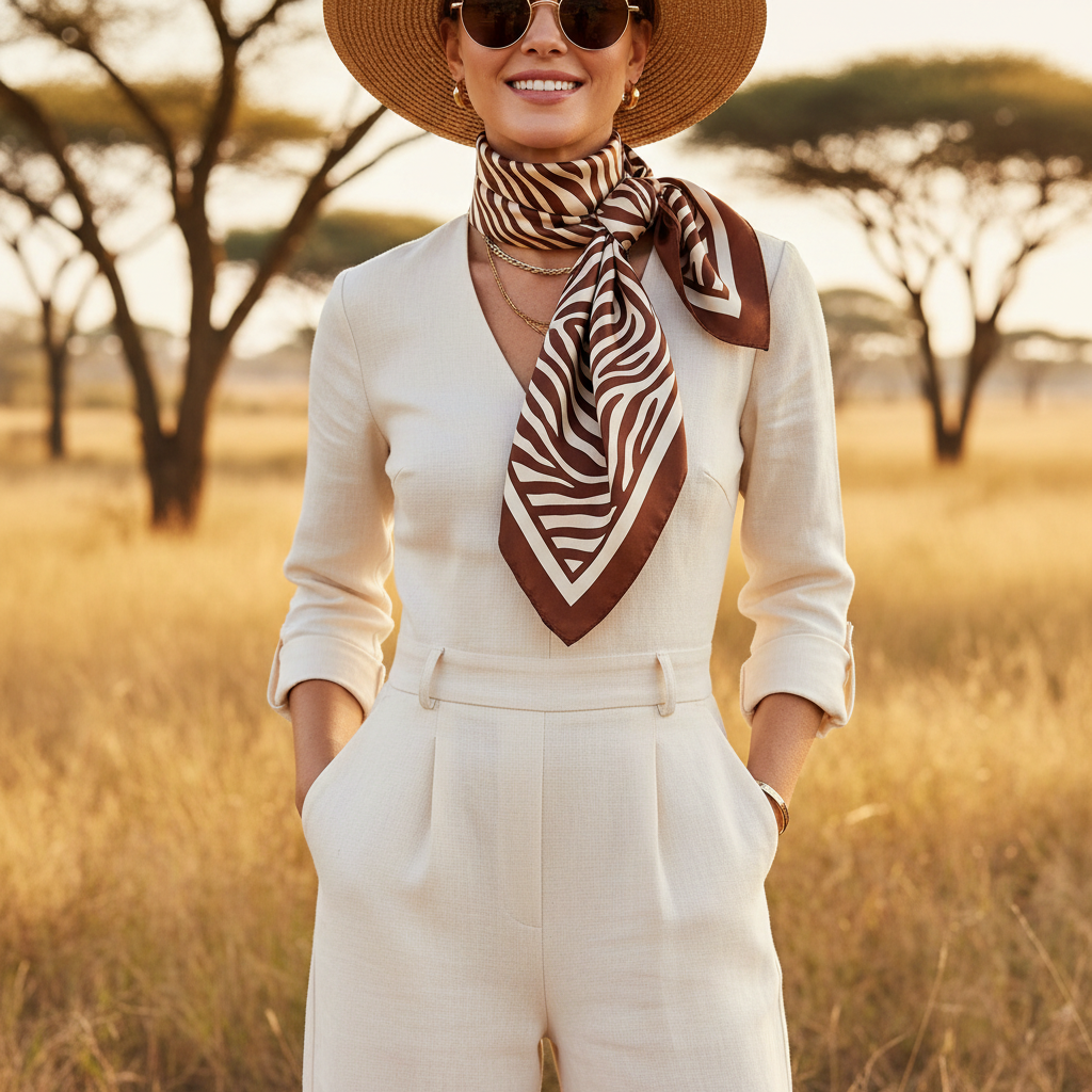 Woman wearing brown cream zebra print square scarf tied around neck as chic safari-inspired fashion accessory