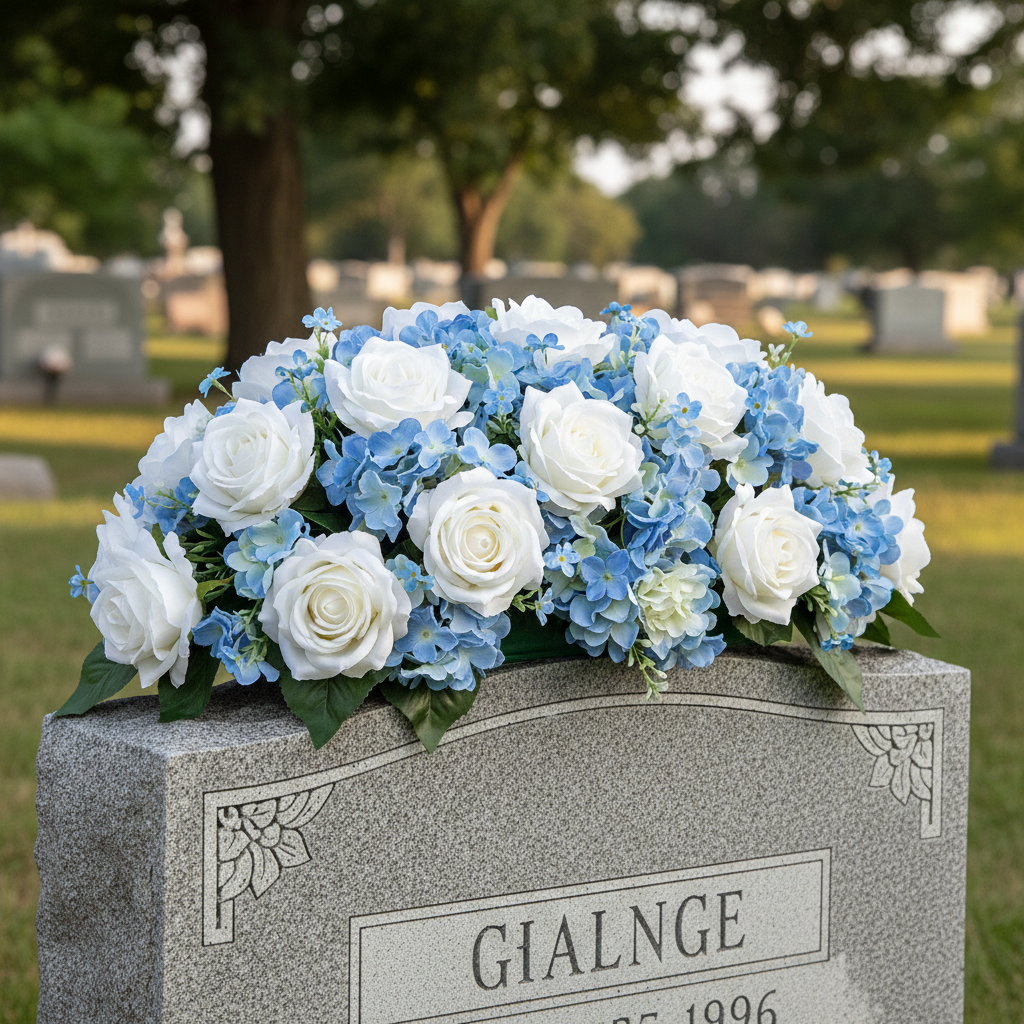 Artificial silk white rose and blue hydrangea rectangular arrangement on dry floral foam block draped across headstone as memorial grave decoration