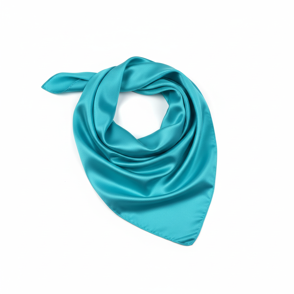 Turquoise blue satin wild rag scarf elegantly folded flat lay showing silk-like drape and luxurious finish