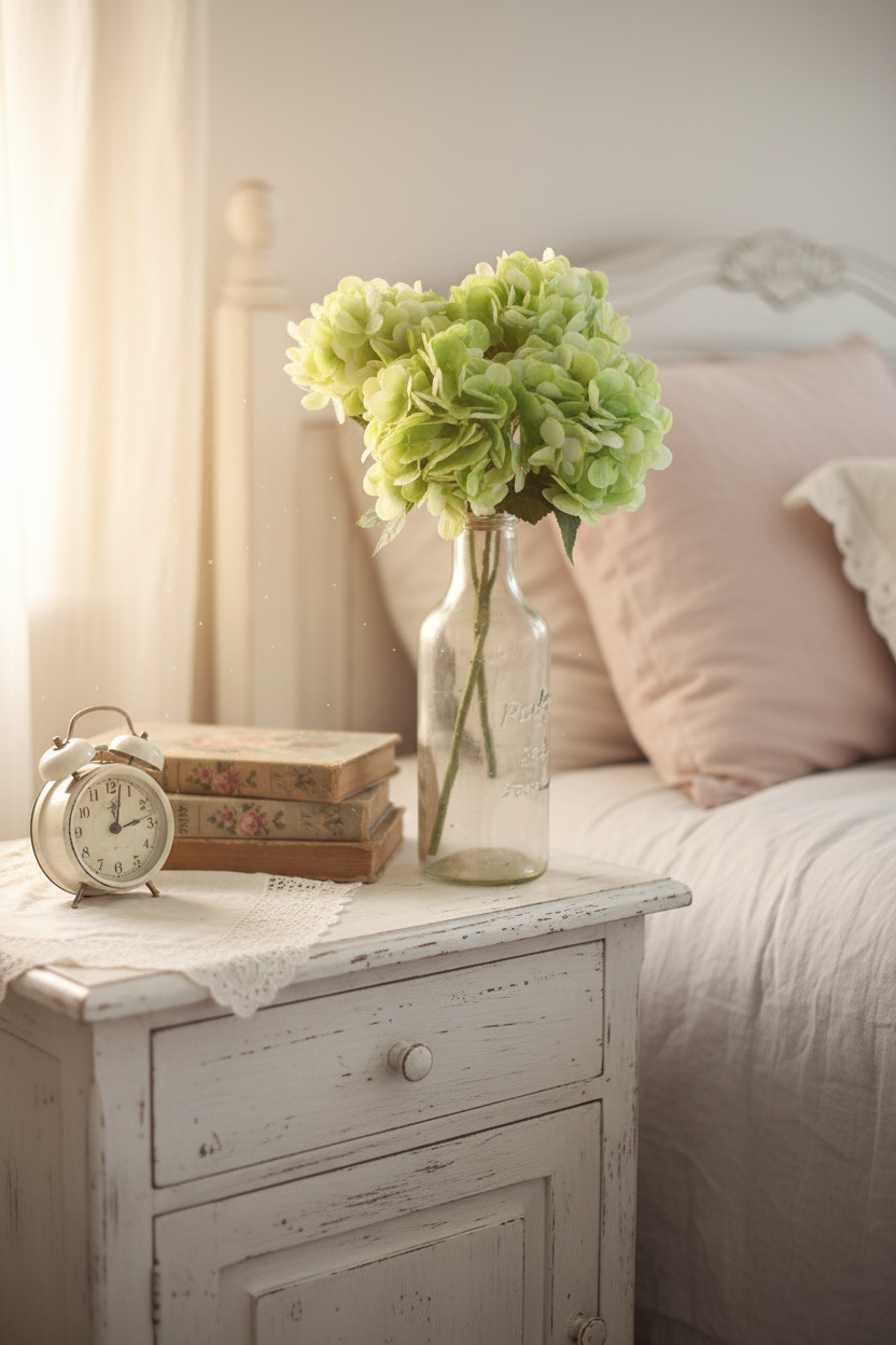 Light green hydrangea in vintage glass bottle on shabby chic nightstand with white distressed furniture