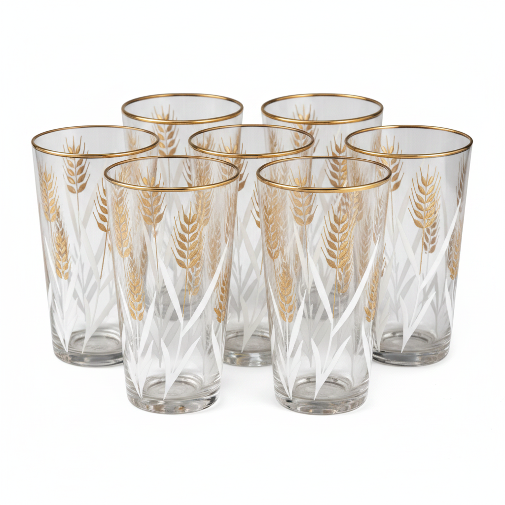 Vintage wheat pattern gold rim drinking tumblers set of 7 on white background