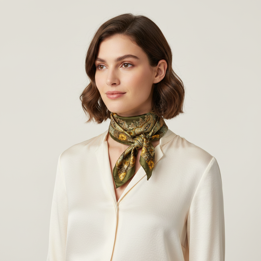 Woman wearing olive green gold paisley floral satin scarf tied as a classic neck scarf – elegant boho designer-inspired styling
