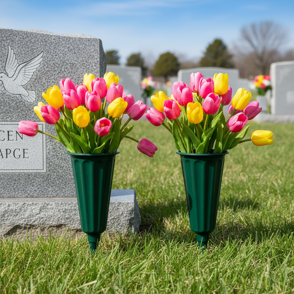 Set of 2 green cemetery flower vases with ground spikes holding pink and yellow artificial tulips in grass