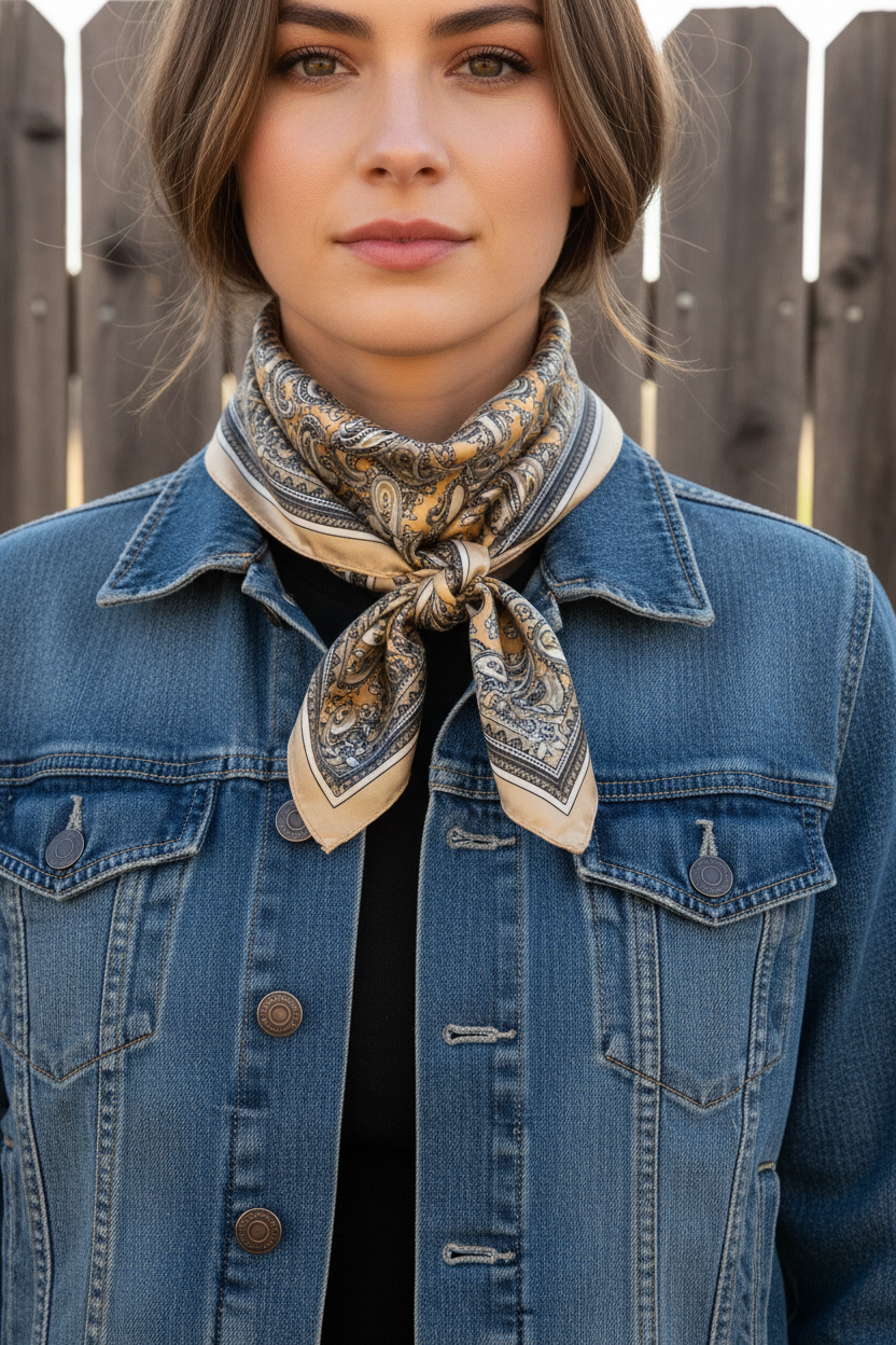 Woman wearing gold taupe paisley wild rag as compact neckerchief with denim jacket, western boho style outdoor ranch setting