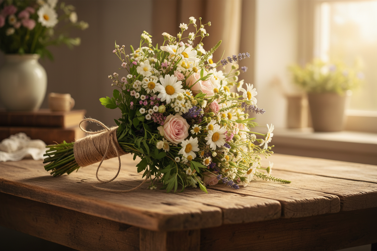 Rustic wildflower bouquet with white and blush flowers tied with natural jute twine rope on a weathered wood table in cottagecore style