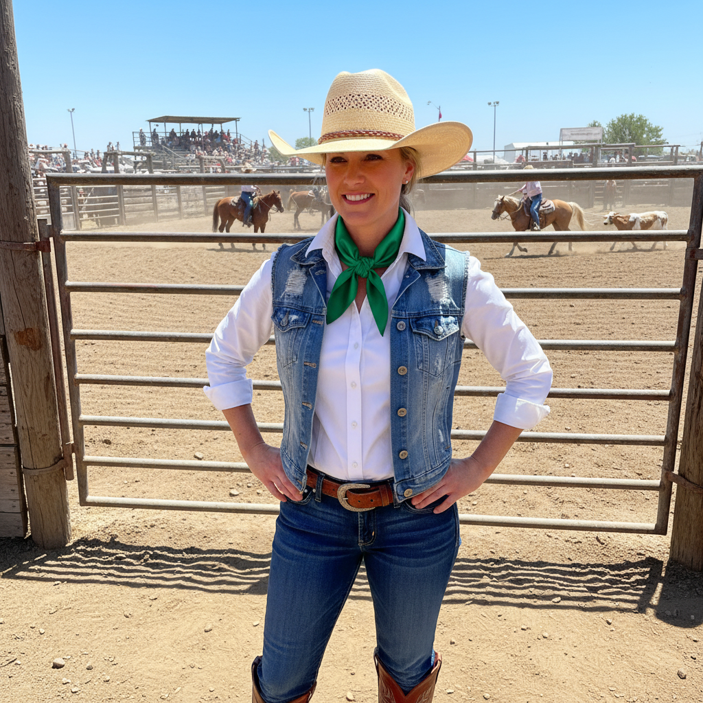 Woman wearing green wild rag scarf at summer rodeo event - authentic western style