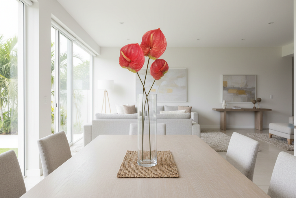 Tropical modern decor with three small pink Anthurium flowers in glass vase, accurate size