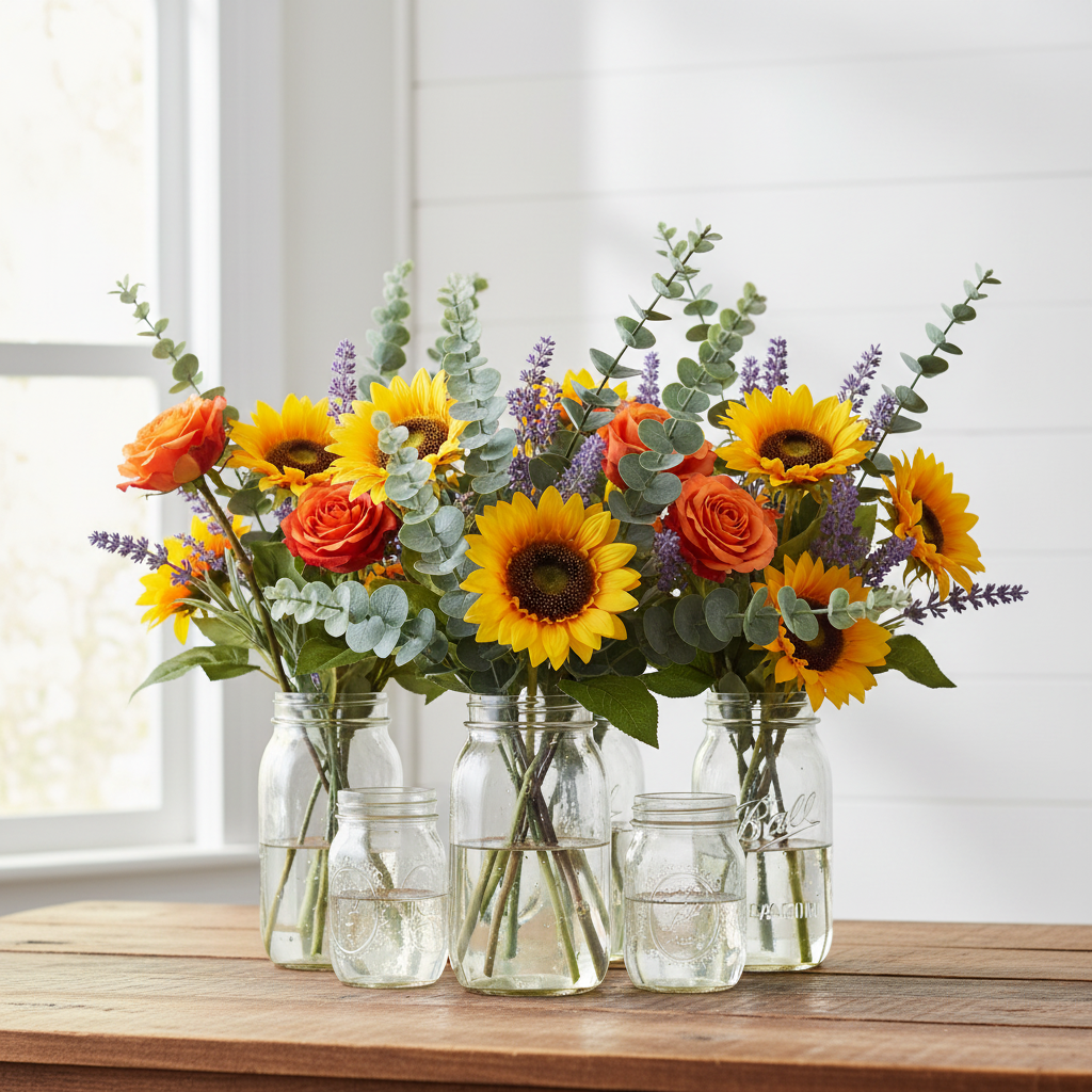Sage green faux eucalyptus stems arranged in mason jars with sunflowers, orange roses, and lavender on a rustic wood table for a cottagecore centerpiece