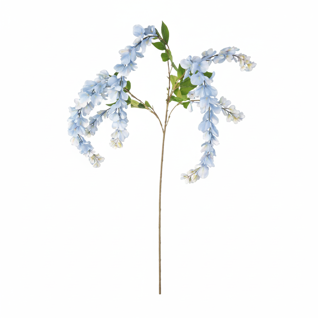 Artificial soft blue wisteria stem 43 inch with cascading blue silk blooms and green leaves on pure white background