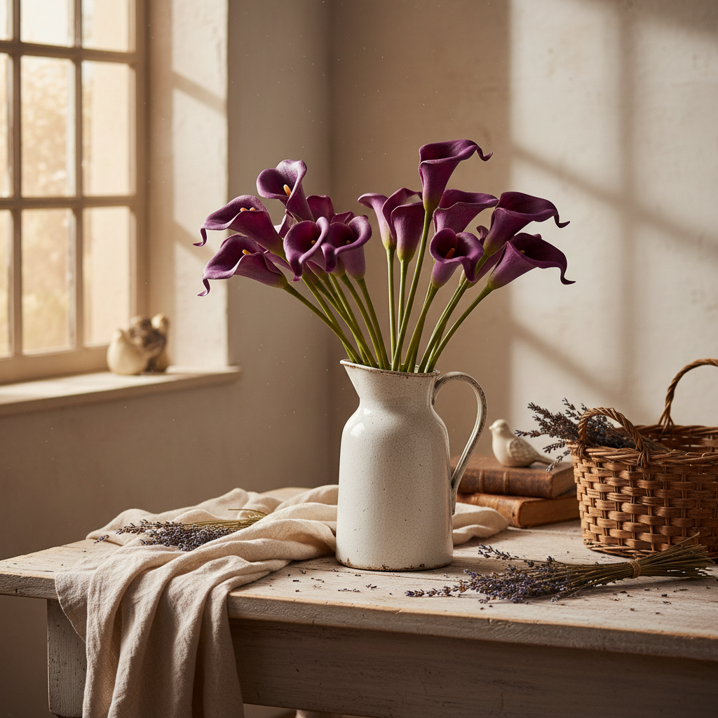 Artificial purple calla lilies in vintage white ceramic pitcher with lavender sprigs on weathered farmhouse table, French country style decor