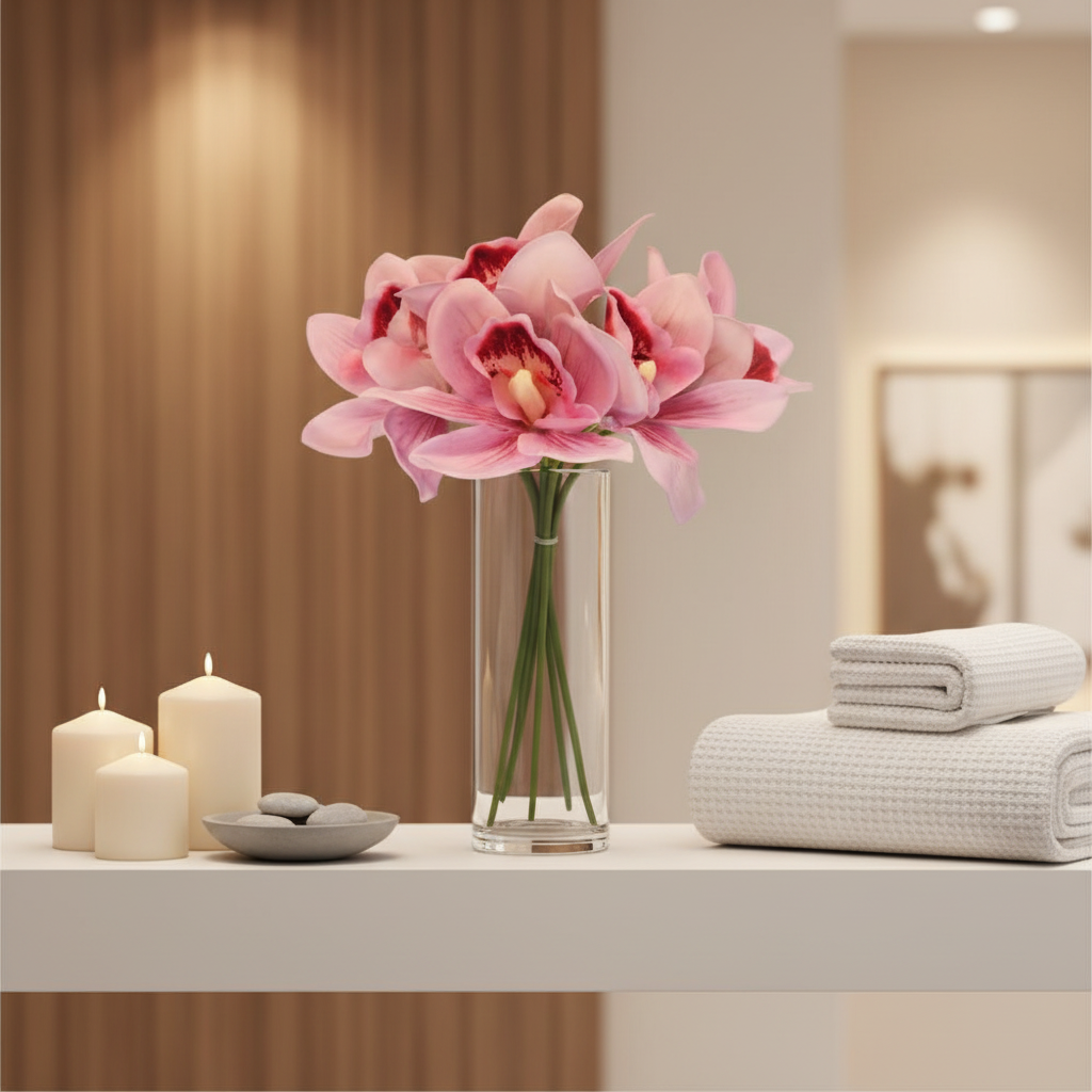 Soft pink Cymbidium orchid bouquet in luxury spa boutique setting with candles elegant decor