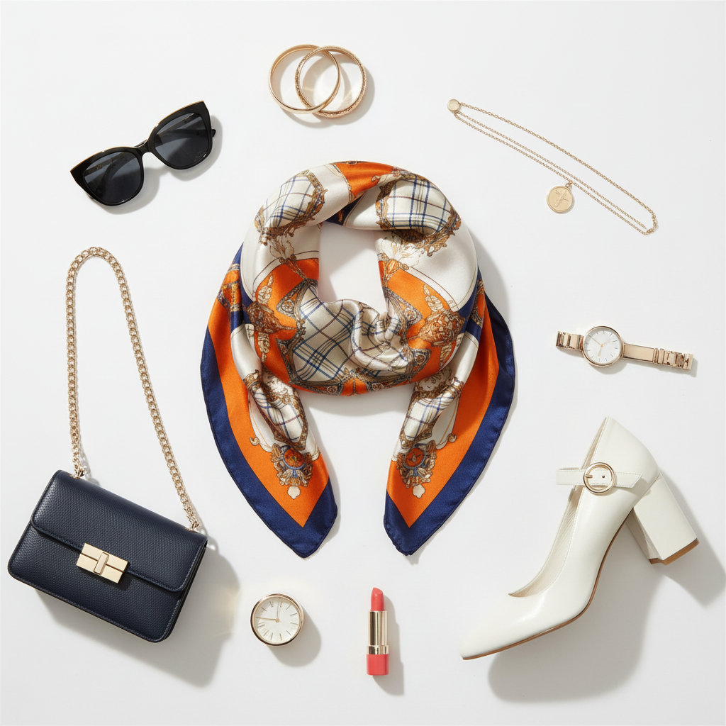 Orange Chain Medallion Satin Scarf 20x20 Flat Lay with Fashion Accessories Styling