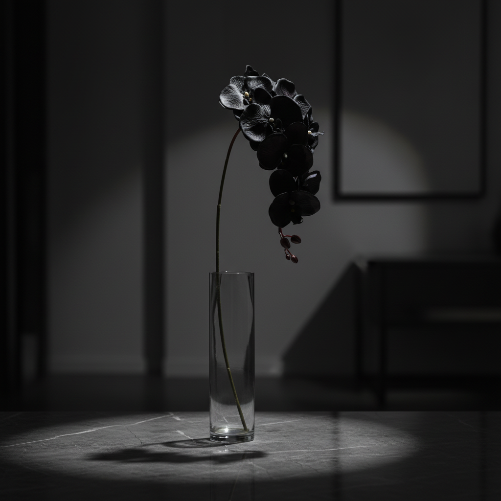 Black orchid stem in tall clear glass vase on dark marble surface with moody dramatic lighting