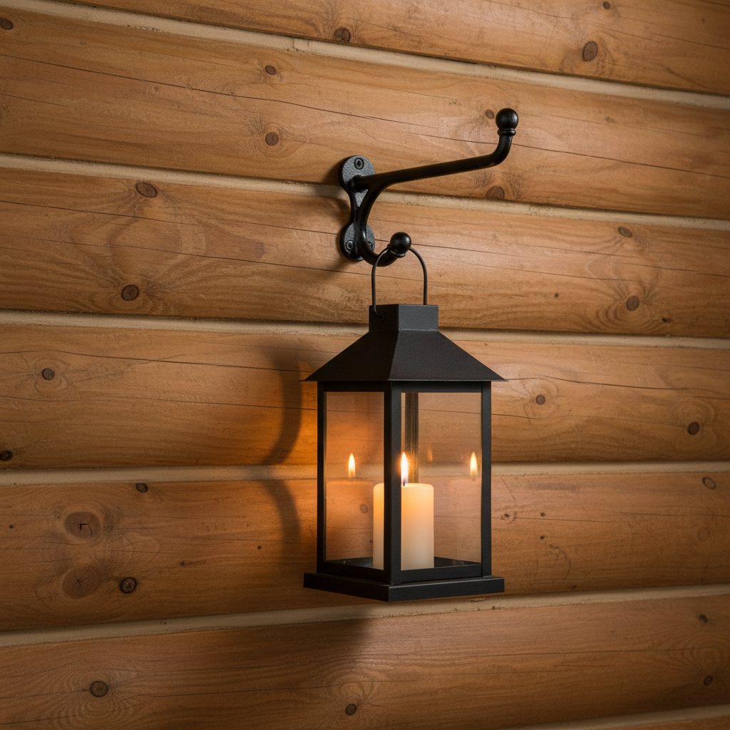 Vintage black cast iron western harness wall hook mounted on rustic log home wall with vintage black metal lantern glowing warmly hanging from lower hook arm