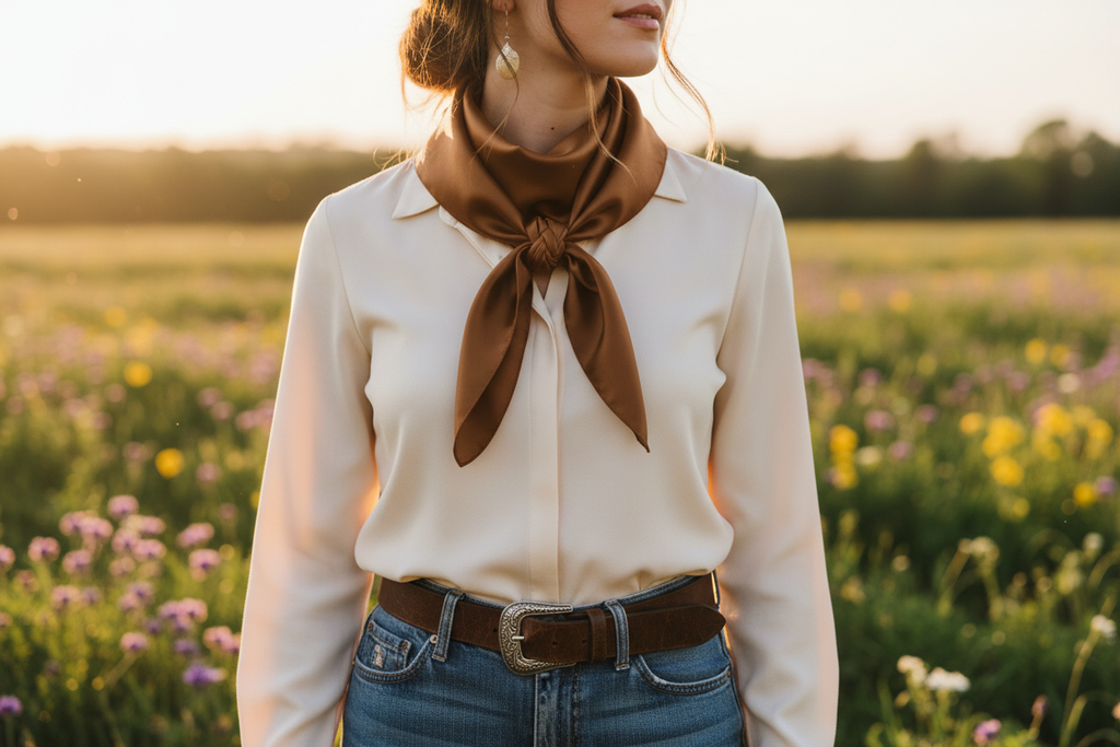 Saddle brown wild rag tied elegantly at spring outdoor event with blooming wildflowers and cream blouse