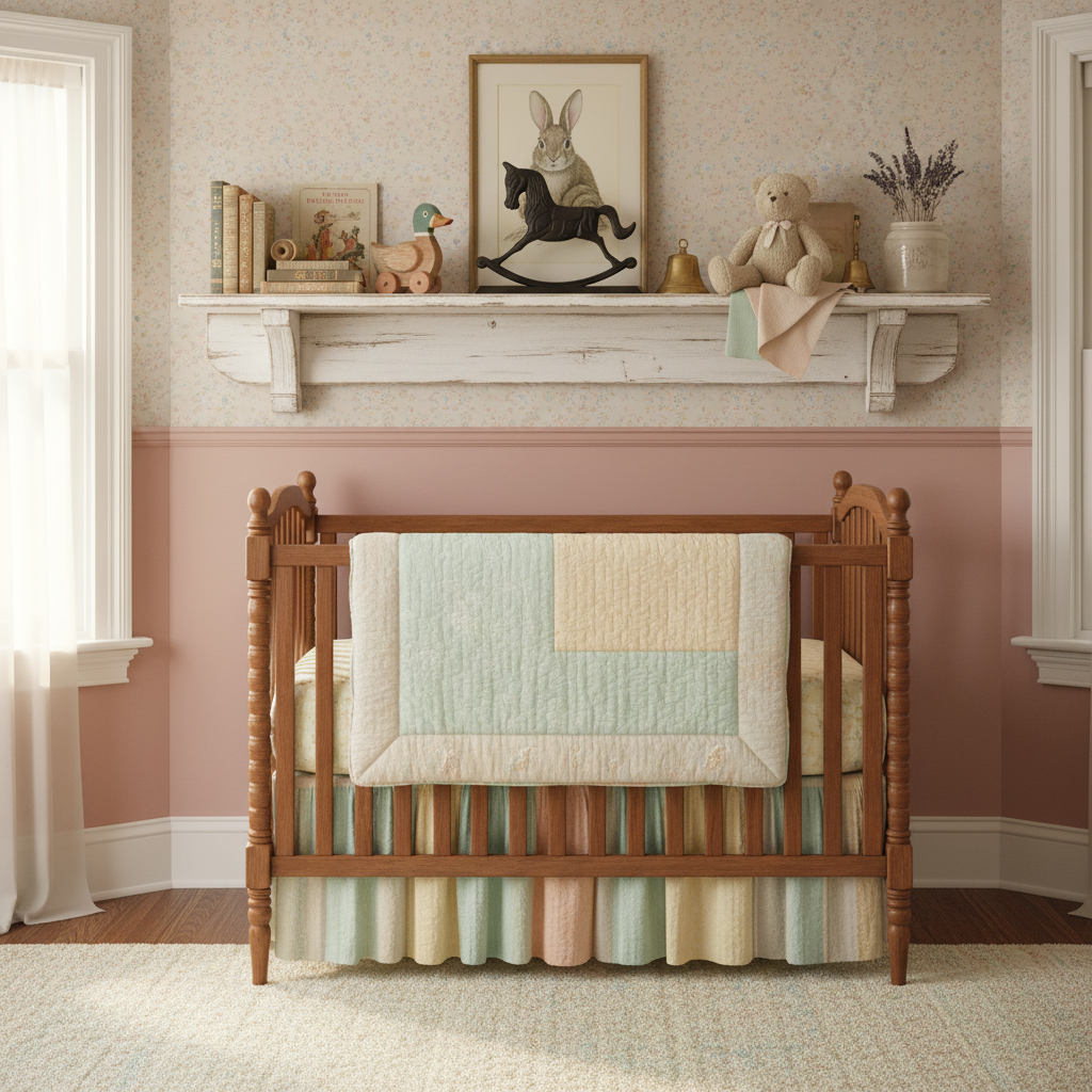 Vintage cast iron rocking horse displayed on white nursery shelf with antique toys, children's books, and nostalgic decor