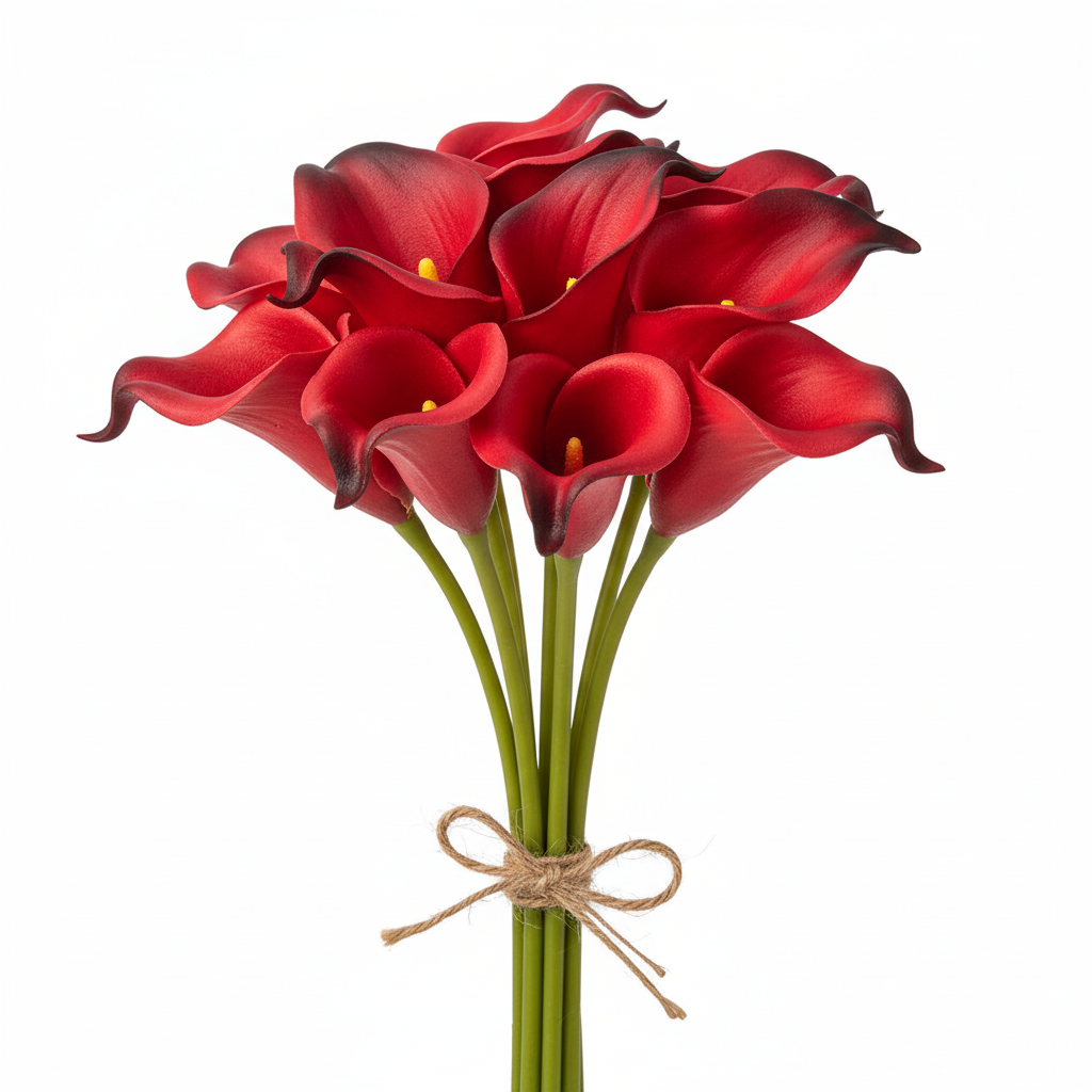 Bundle of 5 cherry red real touch artificial calla lily stems with black tips and edges tied with twine on white background - faux wedding flowers