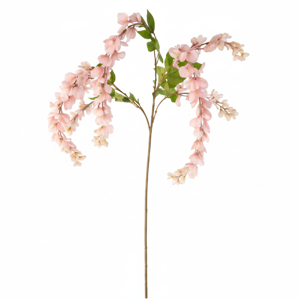 Artificial blush pink wisteria stem 43 inch with cascading soft pink silk blooms and green leaves on pure white background