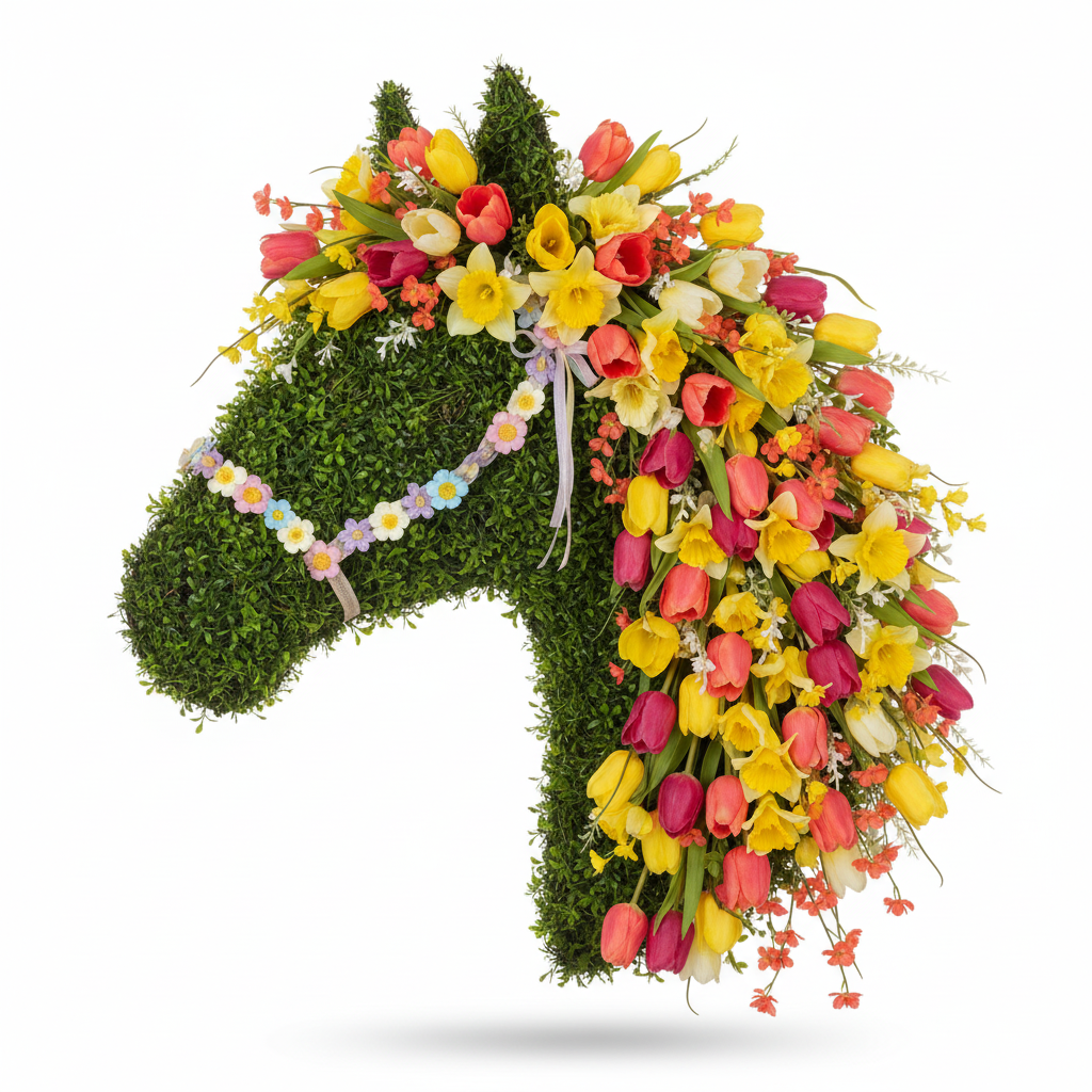 Spring horse head wreath with coral tulips yellow daffodils 11x13 farmhouse garden decor