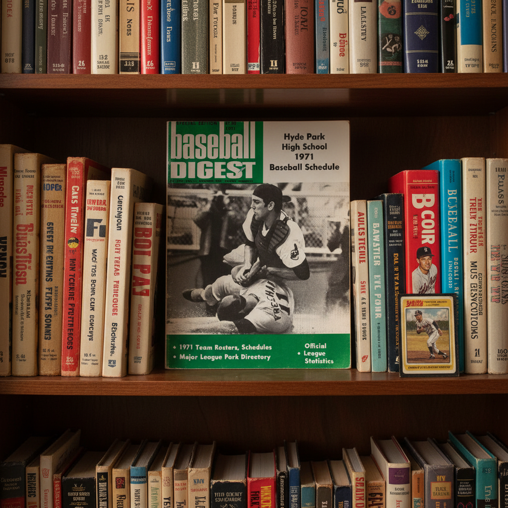 1971 Baseball Digest on bookshelf with vintage sports magazines collection