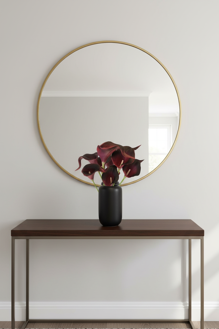 Deep purple artificial calla lilies in sleek vase on modern entryway console table with mirror creating minimalist home decor vignette
