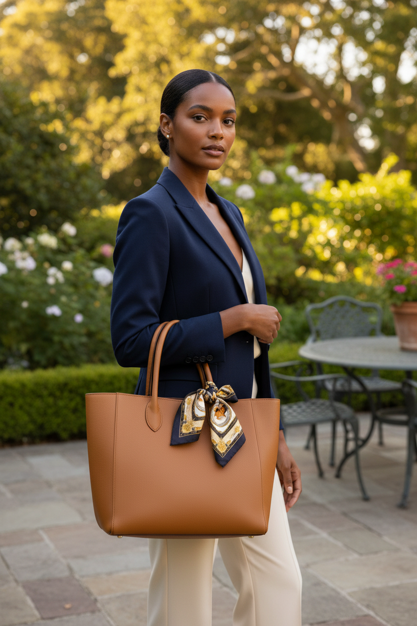 Navy gold equestrian horse medallion satin square scarf tied as decorative bow on tan leather tote bag handle