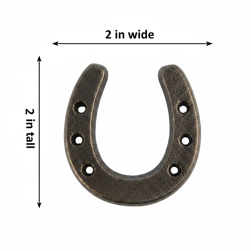 Single rustic iron horseshoe measurement diagram showing 2 inches wide and 2 inches tall